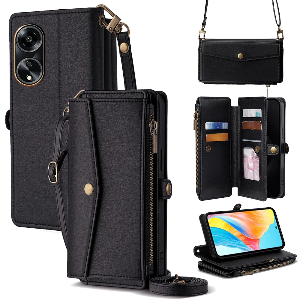 

Кожаный флип-чехол для OPPO A98 5G с ремешком-кошельком и карманом для карт