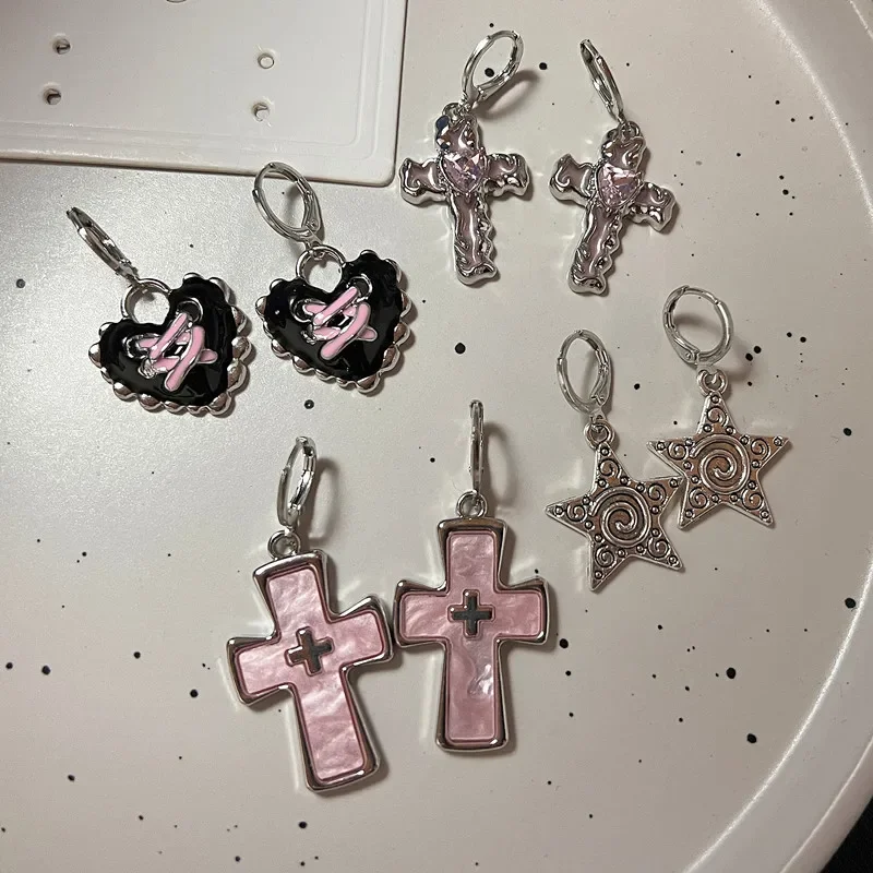 Korean Fashion Y2K Pink Crystal Heart Cross Star Pendant Earrings For Women Party Aesthetic 2000s EMO Accessories Jewelry Gifts