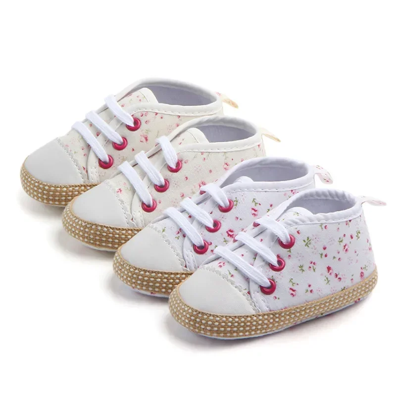 

Newborn Classic White Floral Girls Baby Shoes Casual Canvas Sneakers Soft Cotton Soles Anti-slip Infant First Walkers 0-18Months