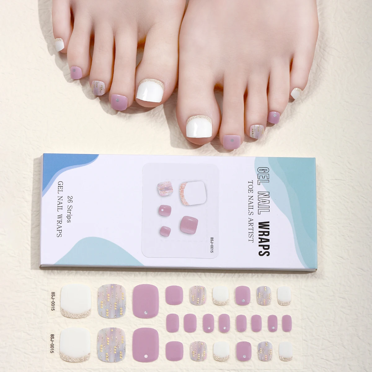 Pegatinas de uñas de Gel para dedos de los pies, tiras autoadhesivas de cubierta completa coreana, lámpara UV, necesita deslizadores impermeables, accesorios de manicura, 26 puntas