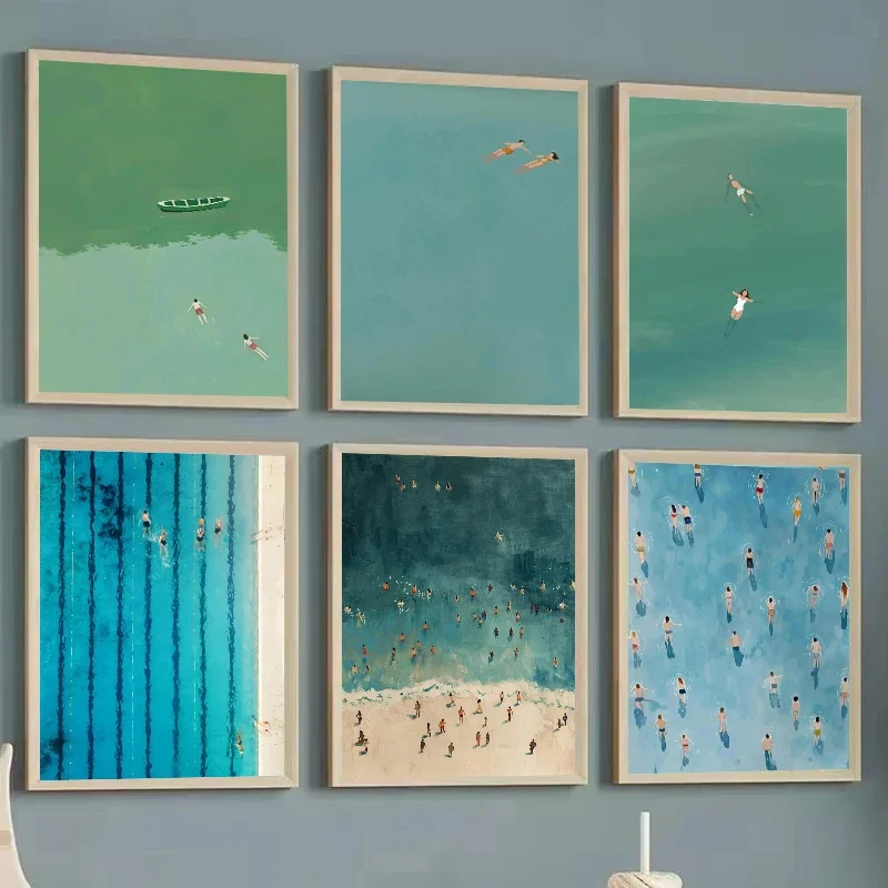 Minimalist Abstract Light Green Seawater Swimming Art Poster Nordic Summer Canvas Printing Living Room Bedroom Home Decoratio