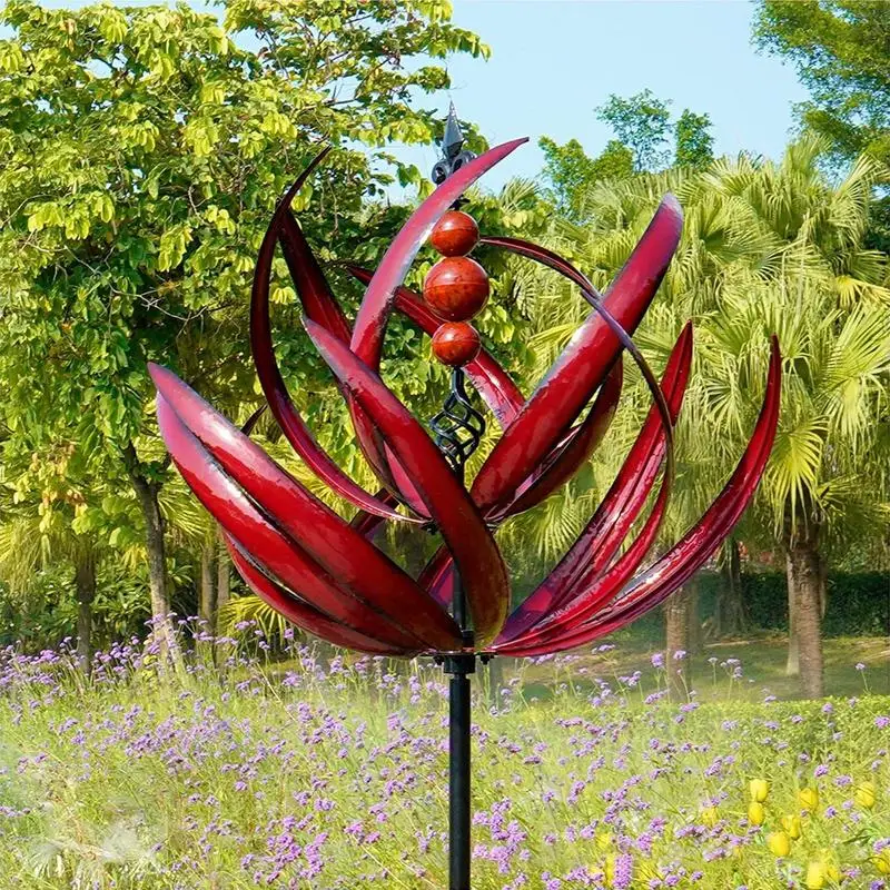 Metal Wind Spinners Red Iron Lawn Terrace Windmill 360 Degree Lotus Stakes For Garden Yard Sidewalks Pond Ornament