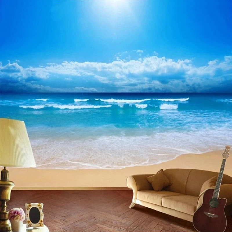 Custom 3D Mural Landscape Seaside Scenery Blue Sky White Cloud Wallpaper beach Living room TV background wall bedroom restaurant