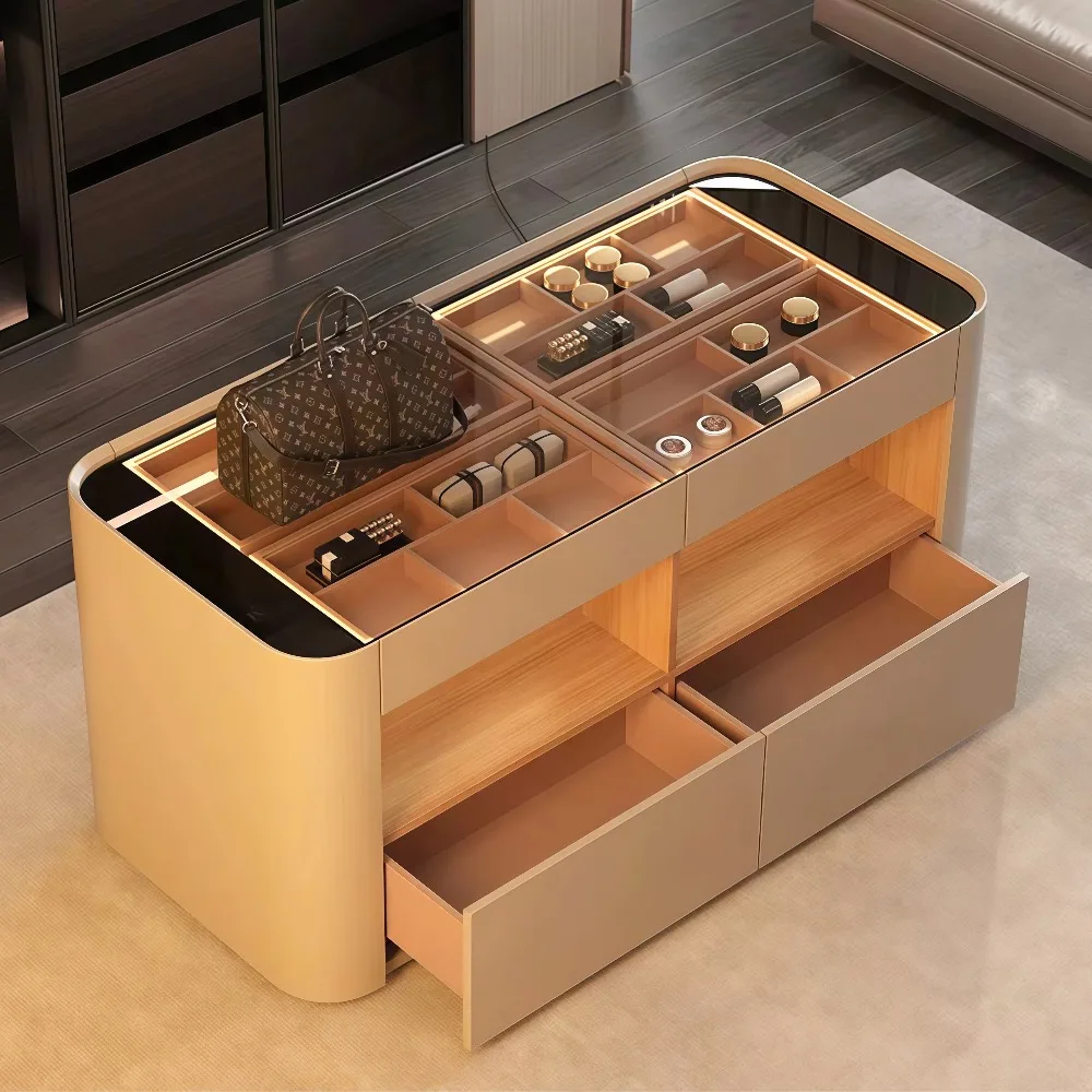 Modern Luxury Cloakroom Modular Island Walk in Wardrobe Cabinet Custom Wooden Jewelry Display Storage for Villa Home Bedroom