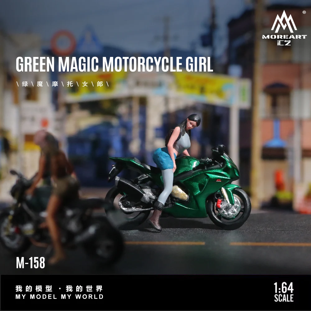 MoreArt 1:64 Green Motorcycle Action Figure Resin Model, Miniature Scene Decoration Gift&Display