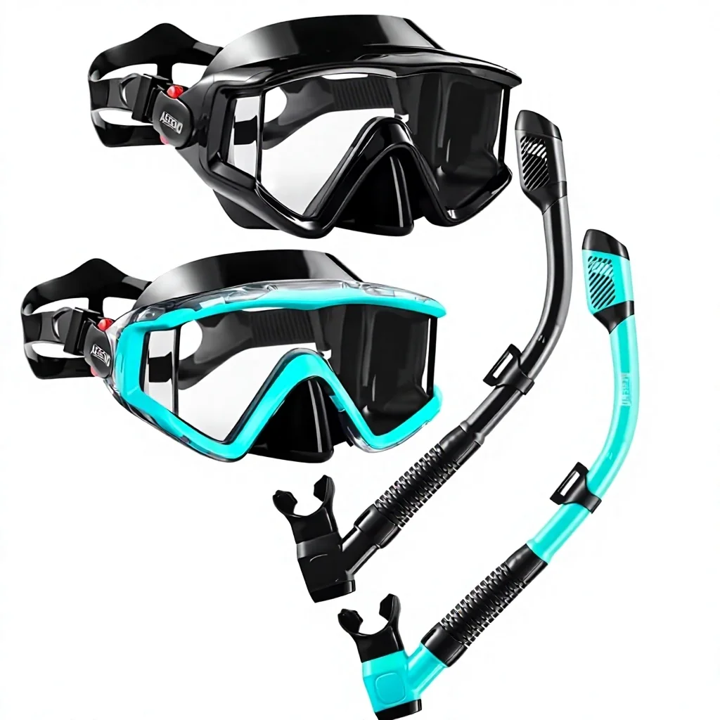 Snorkel Mask Set, Dry Top Valve Panoramic View, Anti Leak Anti Fog Polycarbonate Diving Gear for Adults Youth Use