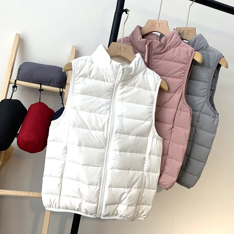 

Women Ultra Light White Duck Down Vest Jakcet Autumn Winter Warm Sleeveless Waistcoat Parka Ladies Stand Collar Short Coat Tops