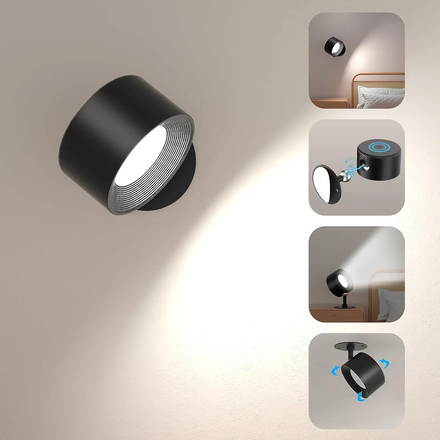 

2pcs Wall Lights Touch Control 2000mah Battery Usb Recharge 360° Rotatable Wireless Portable Bedroom Reading Night Lamp