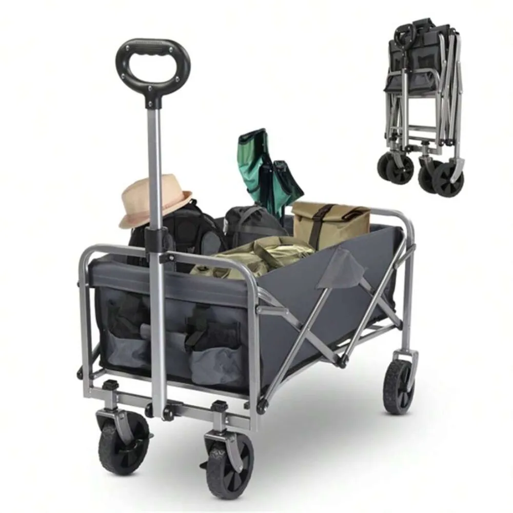 74.5 x 45.5 x 84cm Foldable Garden Wagon Cart 100kg Load Capacity 600D Oxford Fabric Removable Canopy Top Powder Coated Steel Frame Flat Folding Design Portable Utility Cart for Camping Picnic Beach Yard Lawn Gardening Equipment Transport Storage