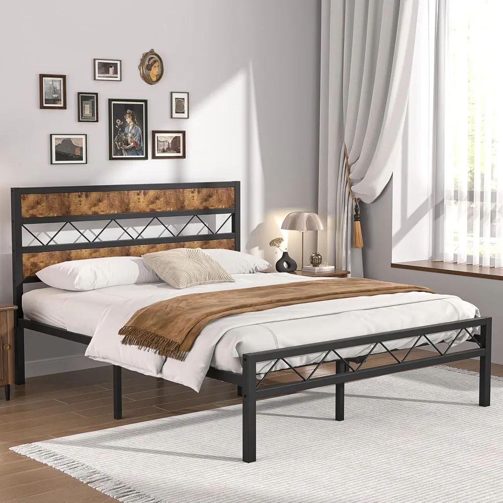 

VECELO Full Metal Platform Bed Frame with Rustic Vintage Wooden Headboard, Heavy Duty Metal Slats Support, Platform Mattress Bas