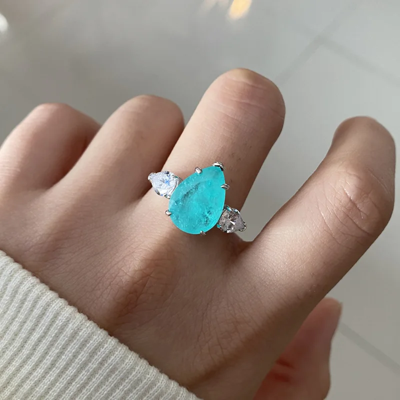 New Fashion Jewelry Paraiba Geometric Drop Gemstone Ring Light Luxury 925 Sterling Silver Ladies Birthday Jewelry Gift