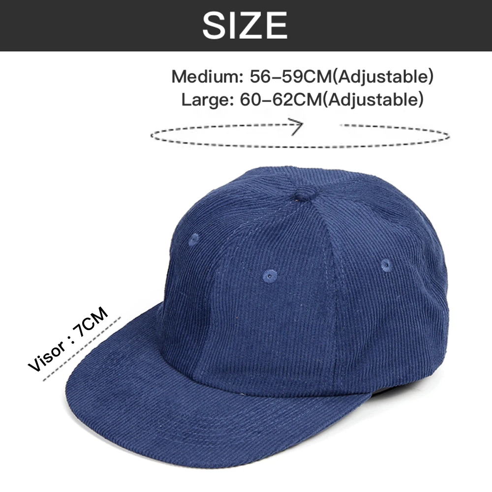 Corduroy 6 Panel Cap Unstructured Mid-Profile Flat Visor Baseball Cap Soft Comfortable Hip-Hop Snapback Hat Big Size Men Women