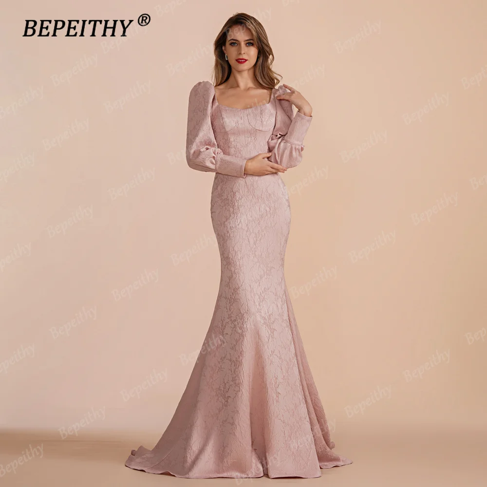 BEPEITHY Customized Mermaid Long Prom Dresses Evening Full Sleeves Floor Length Square Speical Occasion Formal Gown 2023 Women