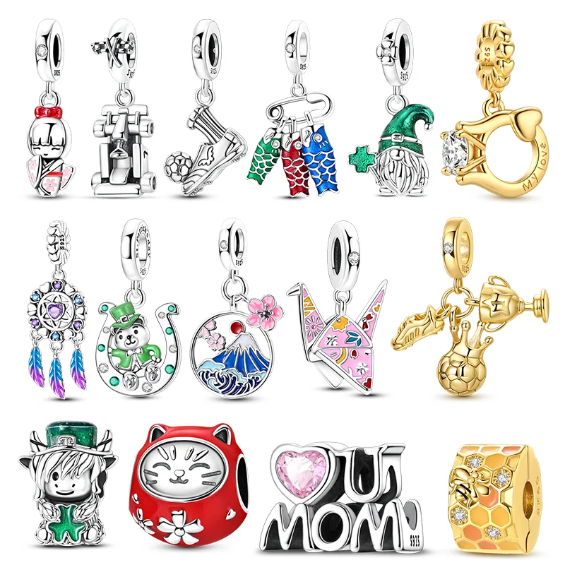 

New In 925 Silver Charms Beads Koi Flag Soccer Origami Crane Charms Pendant Fit Original Bracelet Women Jewelry Gift DIY