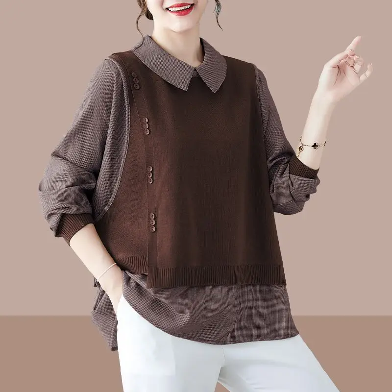 Spring Autumn Contrasting Colors Patchwork Asymmetrical T-shirt Casual Loose Chic Button Female Polo-Neck All-match Pullovers