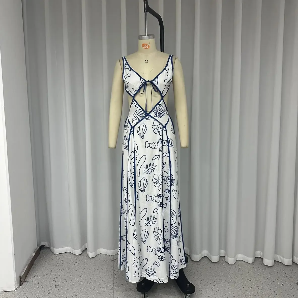 Elegant Dress for Women Streetwear Print Casual Vacation V-neck Print Bikini Y2k Skirt Lace Up Hollow Backless Maxi Dresses