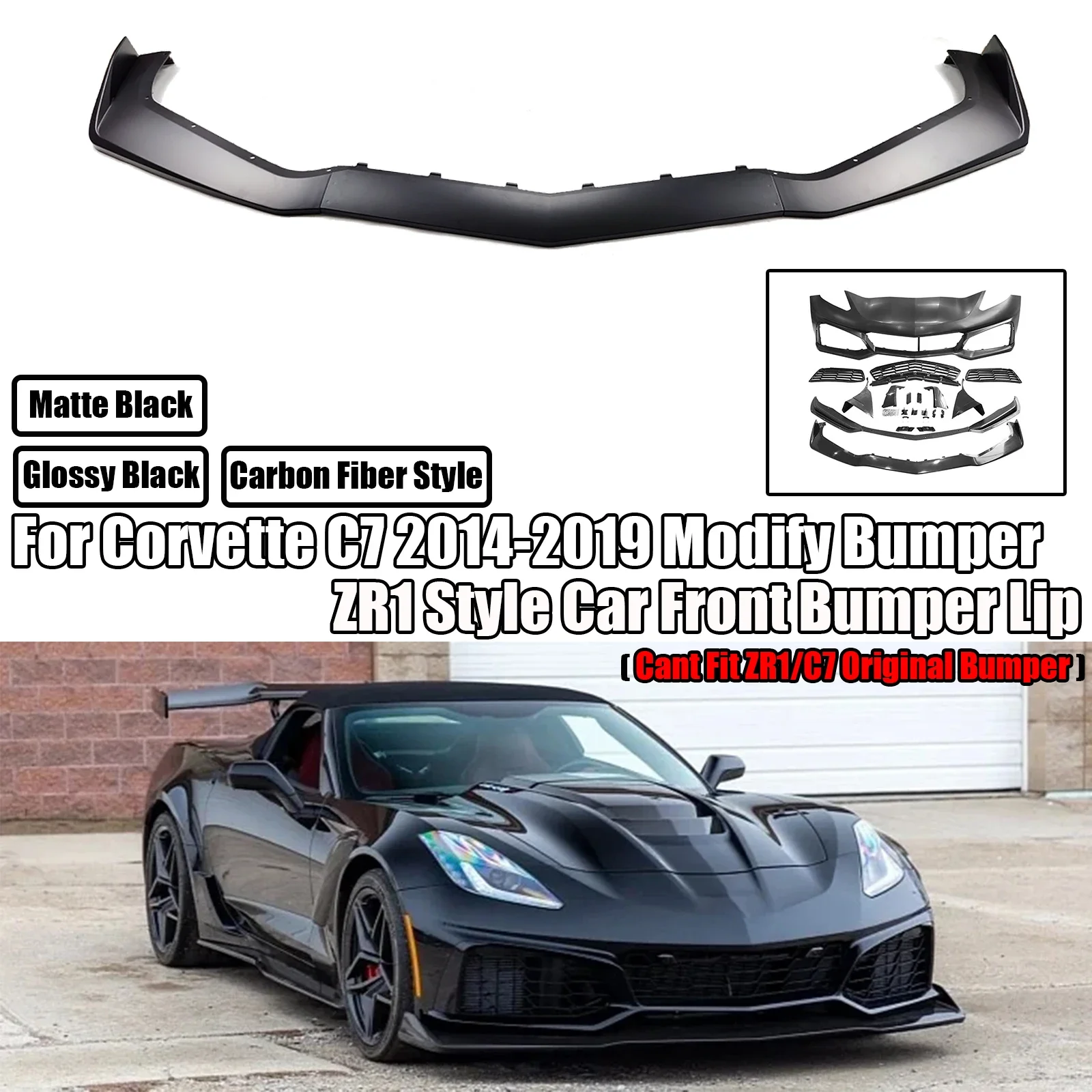 Parachoques delantero de coche, divisor de alerón de fibra de carbono, color negro mate, para Chevrolet Corvette C7, estilo ZR1, 2014-2019