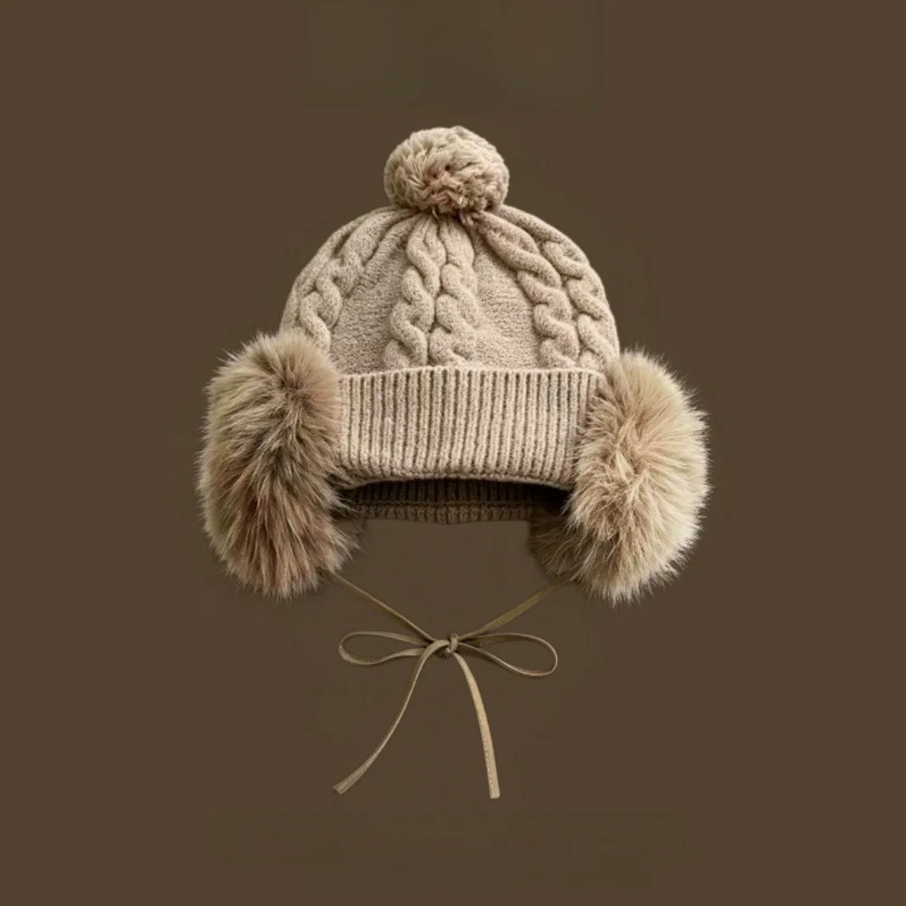 Faux Fur Ear Flaps Cable Knit Trapper Hat Thick Warm Lining Large Head Circumference Pom Pom Knit Hat Pull On Style