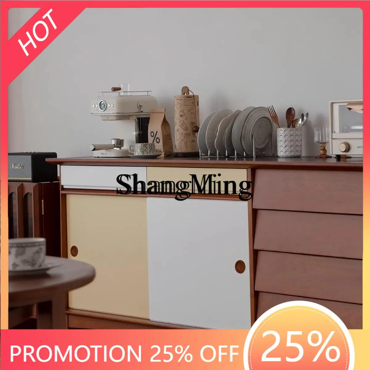 

FG wood dining side cabinet integrated against the wall, high cabinet storage sliding door audio-visual cabinet