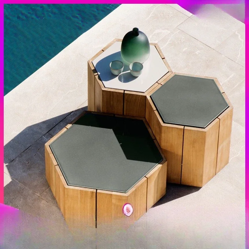 OEMOutdoor solid wood tea table hexagonal model room creative outdoor sofa teak special-shaped small side table balcony small