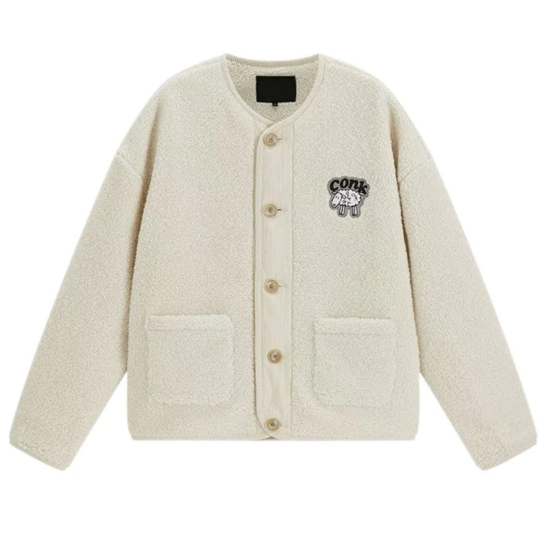 

Solid Polar Fleece Jacket Women's Autumn and Winter Lamb Wool Warm Long Sleeve Appliques Top College Gentle and Sweet Style