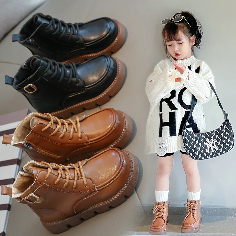 2024 nuove ragazze stivali neri antiscivolo inverno bambini moda Versatile morbido stile britannico Cool Brown Princess Short Boots