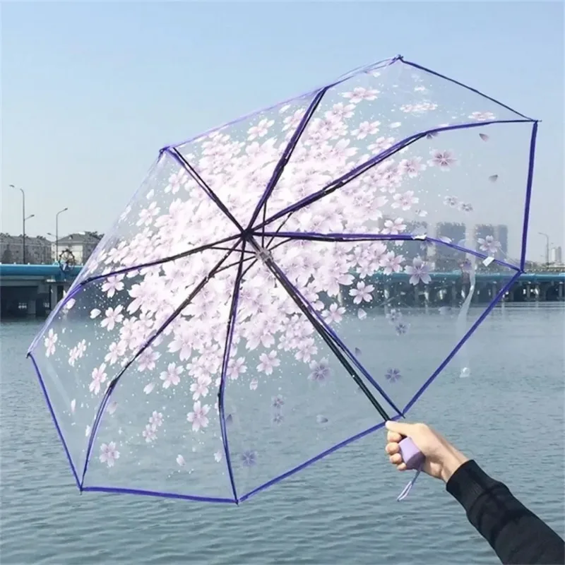 1Pcs Cute Korean Umbrella Folding Cute Korean Mini Fresh Simple Sen Series Trifold Cherry Blossom Transparent Japanese Umbrella