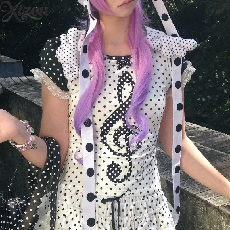 Women Polka Dot Music Note Print Short Sleeve T-Shirt Lace Ruffle Cuff Bow Crew Neck Tie Y2K Kawaii Sweet Spicy Summer Top
