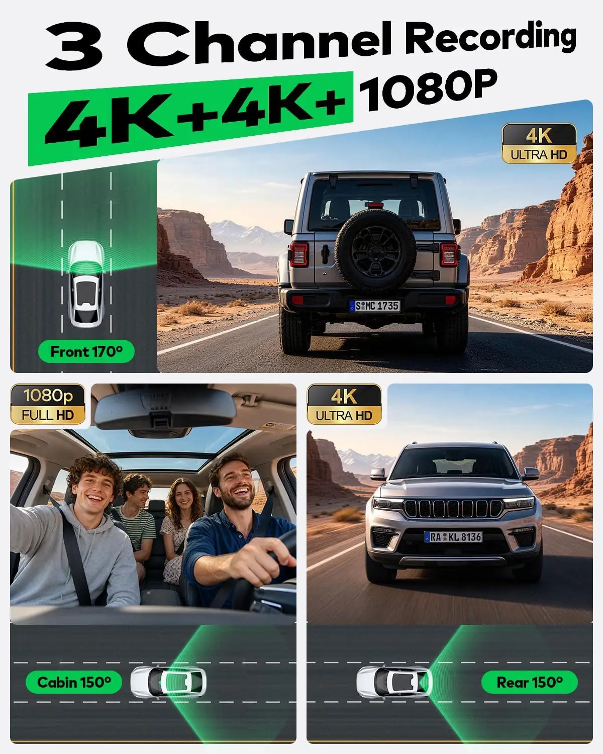 Dual 4K 1080P 3 Channel Dash Cam Free 128GB Card HD Night Vision Front Rear Cabin 5.8GHz WiFi6 App GPS G Sensor 24H Parking Mode