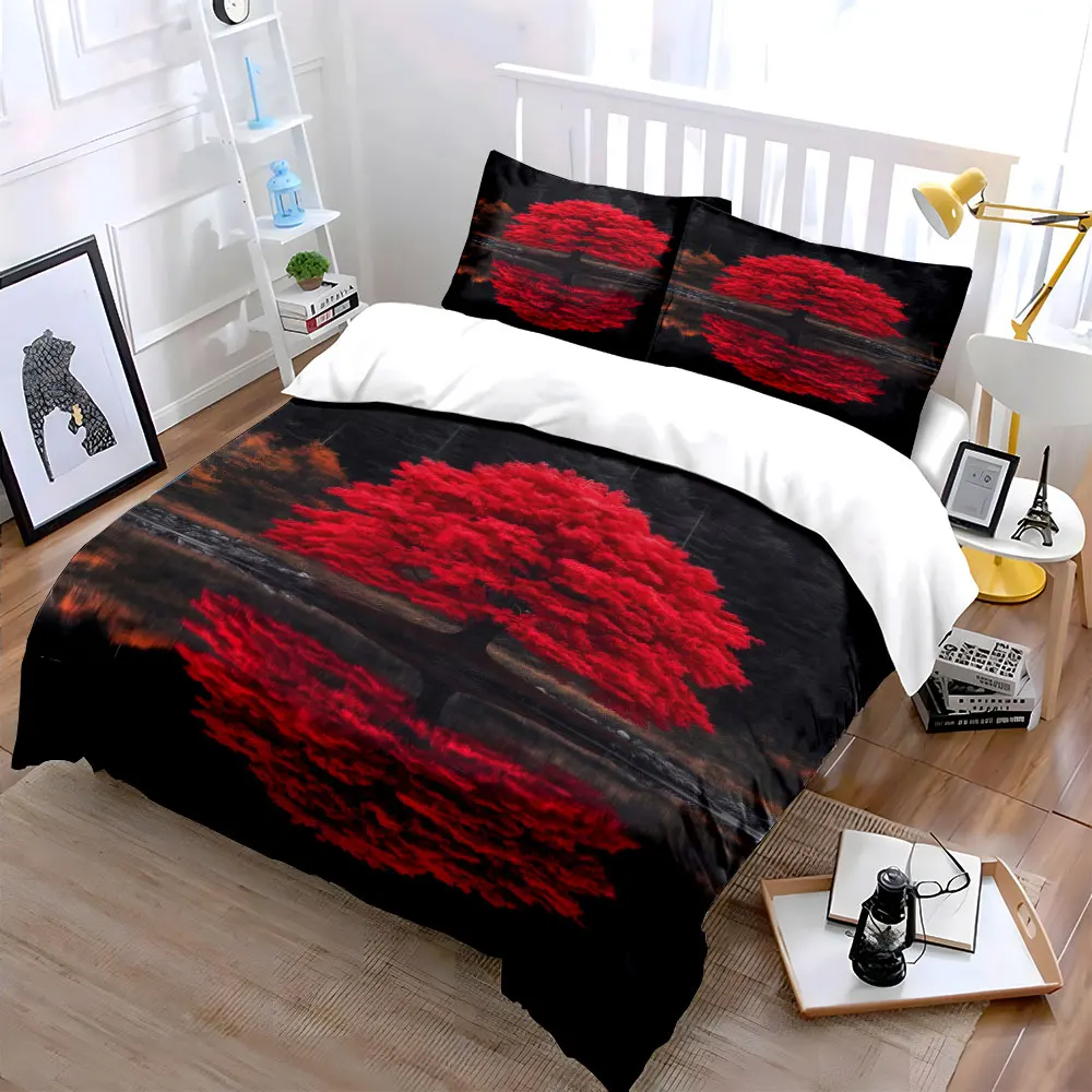 Red Tree Landscape Canvas Decor Soft Skin-Friendly Bedding Set Includes 1 Duvet Cover And 2 Pillowcase, Gift