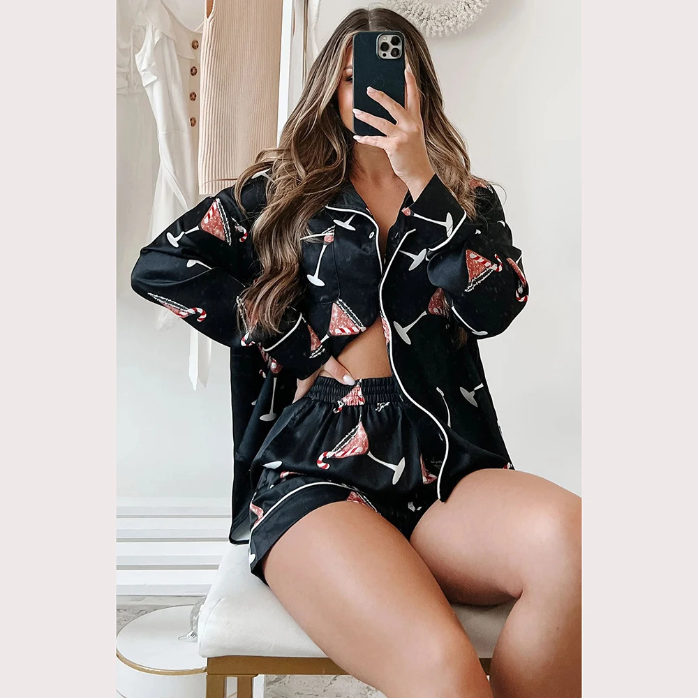 New Print Christmas New Year Pajamas Set Long Sleeve Shorts Pijamas Two Piece Set Women Pyjamas Suit Loungewear Home Clothes