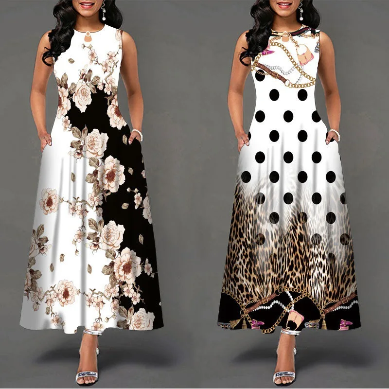 Sleeveless Women's Positioning Printed Large Swing Skirt Retro Long Skirt