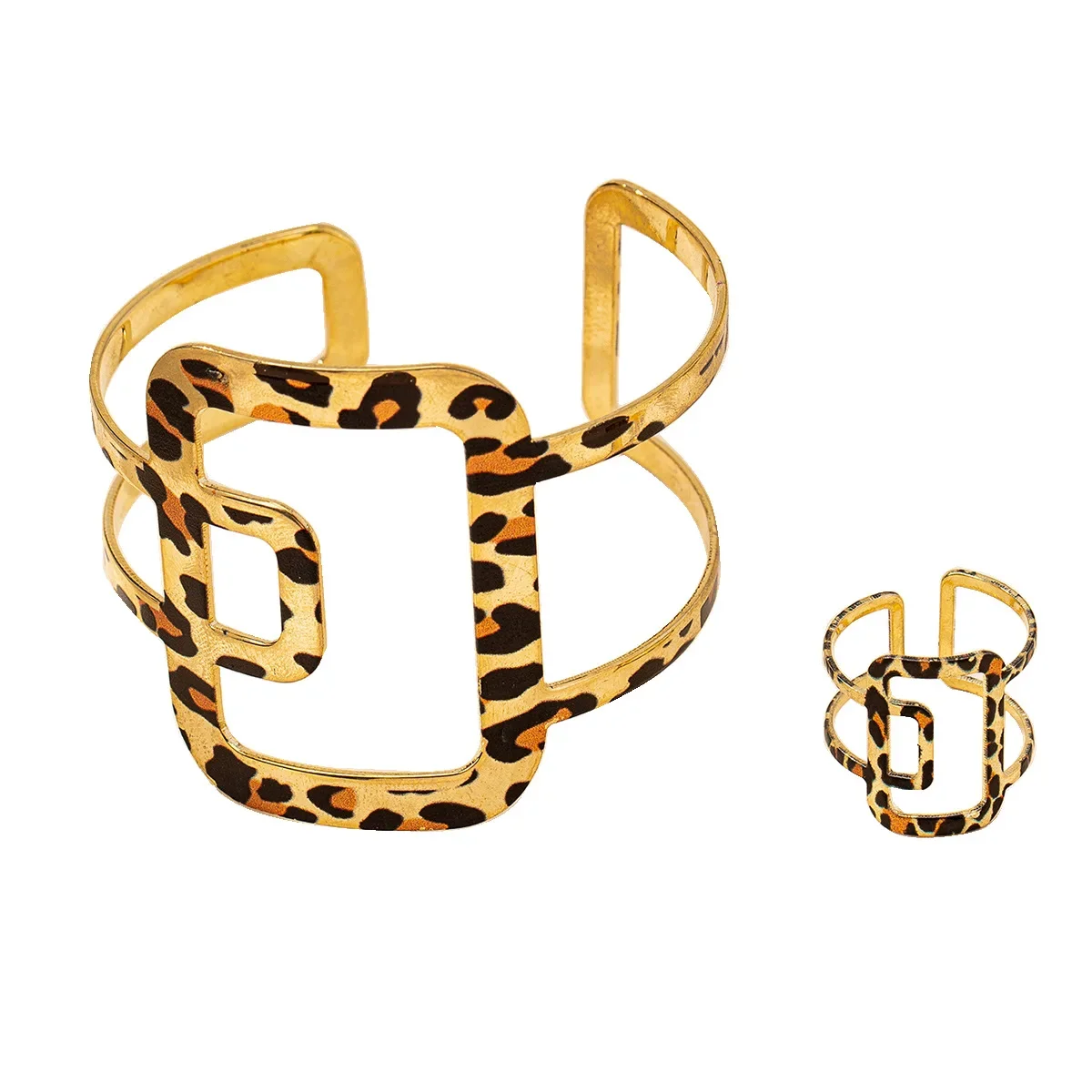 Geometric Leopard Print Hollow Bracelet Ring Retro Jewelry Set For Women Holiday Party Gift Fashion Accessories AS017