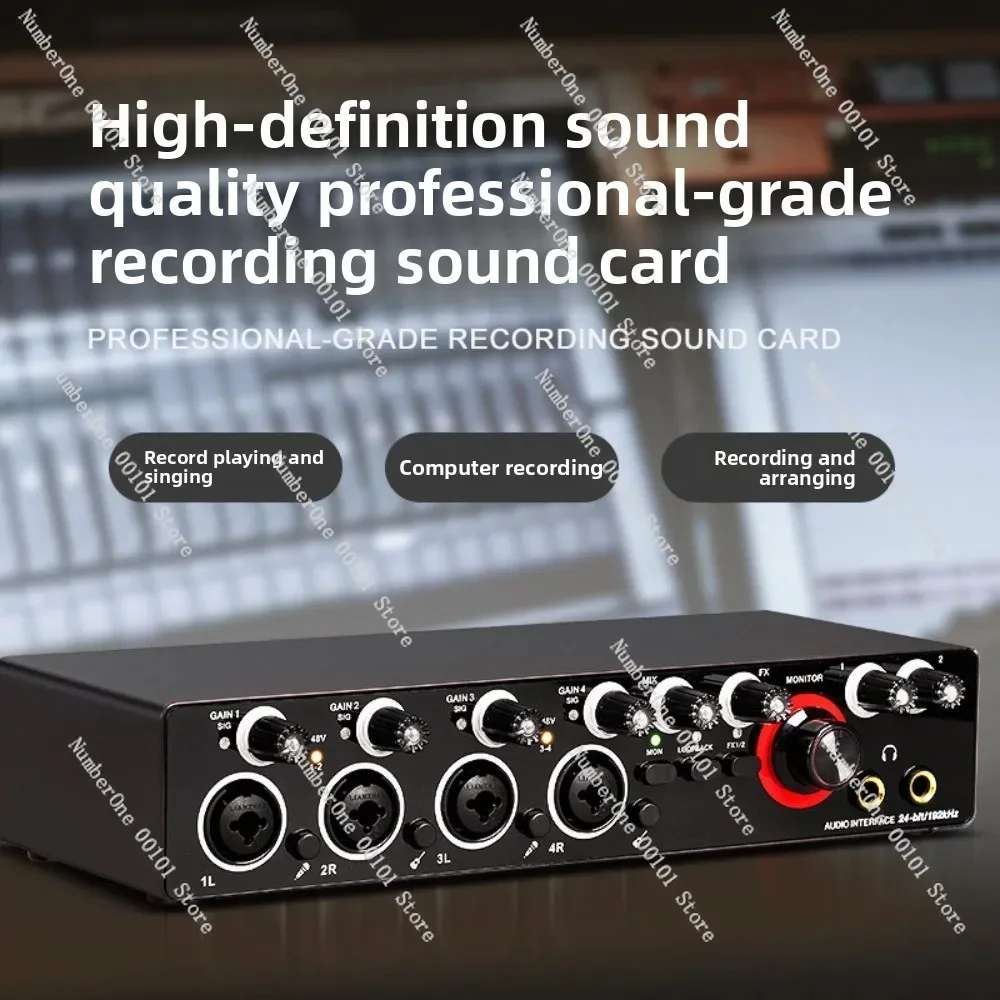 External 4-Channel USB Sound Card, 48V Phantom Power Audio Interface for Recording & Karaoke with PC