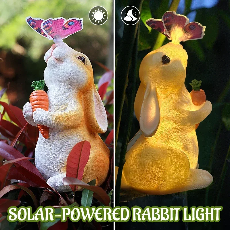 Solar Bunny Statue Decor with Butterfly Resin Animal Sculpture Solar LED Lights Figurine Outdoor Deco for Garden Yard Patio Gift