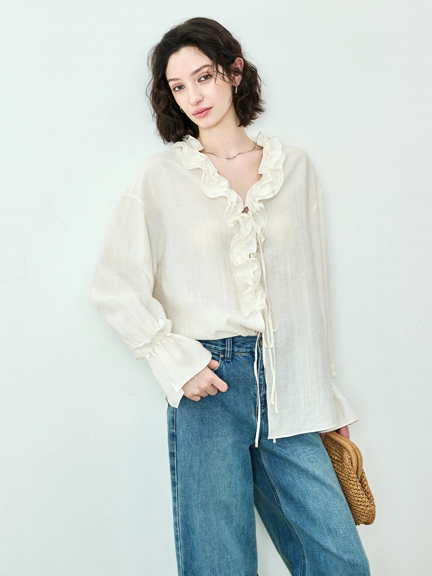 

Женская блузка SUK Ele V-ne с кружевной отделкой, длинным рукавом и поясом, весенняя новинка, французский стиль, свободный крой, модная