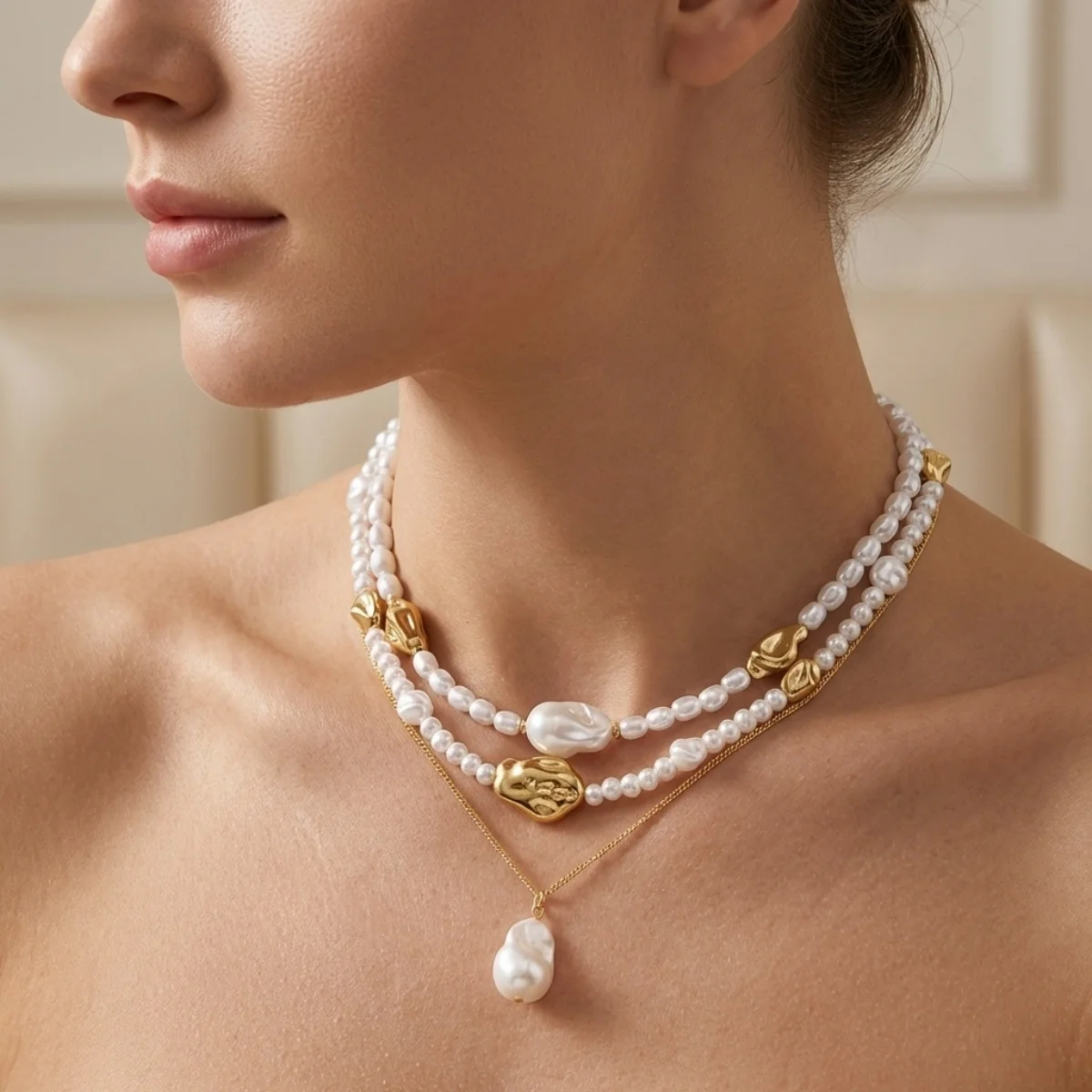 Minimalistische barocke unregelmäßige Imitationsperlen-CCB-Perlen-Anhänger-Halskette für Damen und Herren, mehrschichtige Perlen-Halskette, stapelbarer Choker-Schmuck – Detail 4