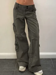 Button Low Waist Y2K Denim Pants Women Pockets Stitching Straight Cargo Vintage Casual Gray Streetwear Jeans