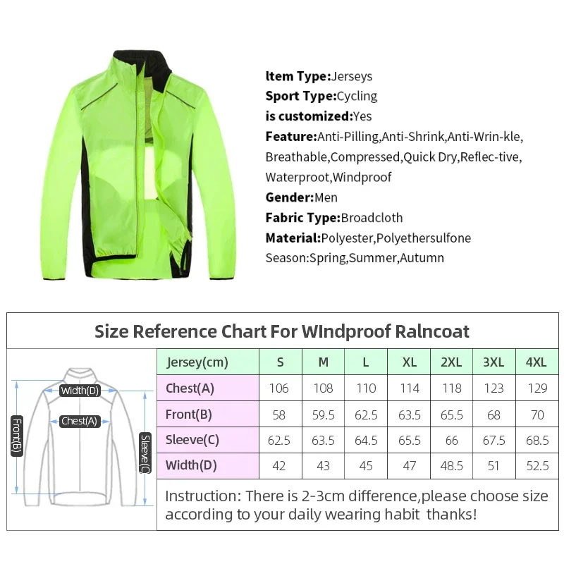 Men Reflective Cycling Jacket Long Sleeve Waterproof Windproof Bike Jackets Ultra Light Quick Dry Wind Coat Chaqueta Ciclismo