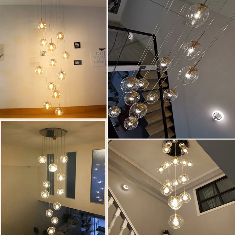 Nordic staircase LED chandelier glass ball long chandelier modern minimalist creative duplex villa rotating stairwell chandelier