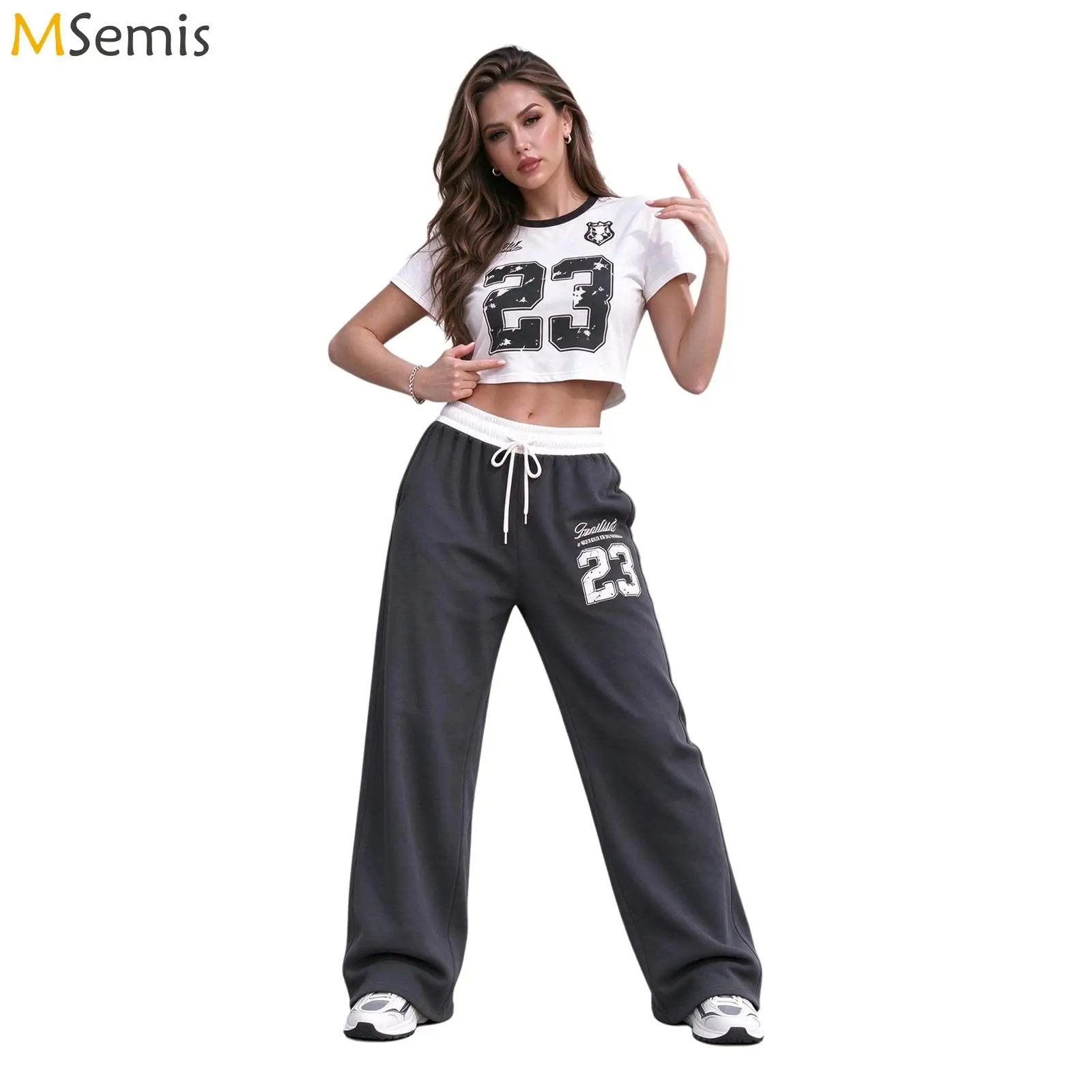Women Y2K Hip Hop Dance PerformanceCostume Graphic Print Crop Top Elastic Waist Wide Leg Pants Street Jazz Dance Training Outfit