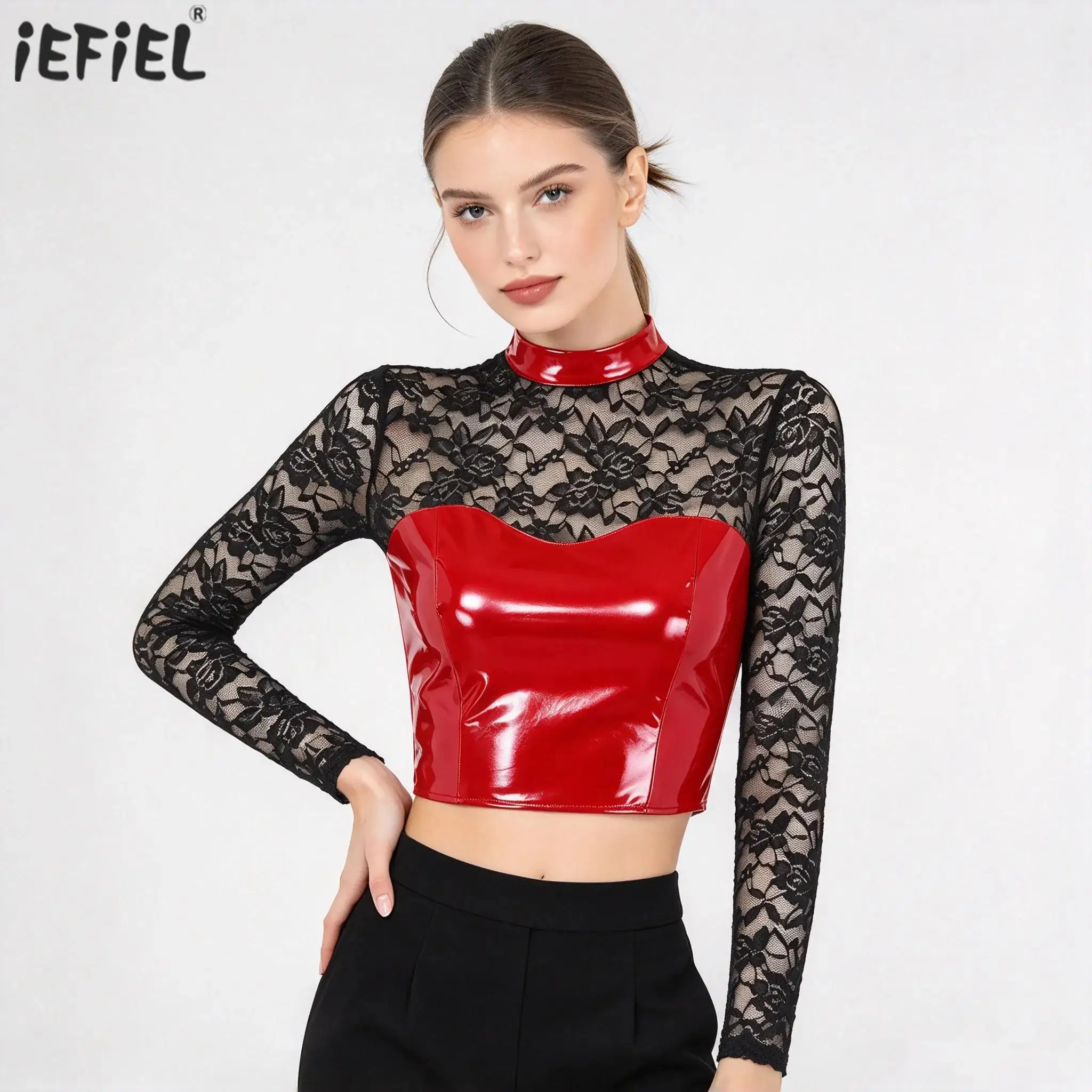 Women Patent Leather Lace Long Sleeve Crop Top High Neck See Through Floral Lace Slim Fit Back Zipper Tanks Camis Rave Clubwear