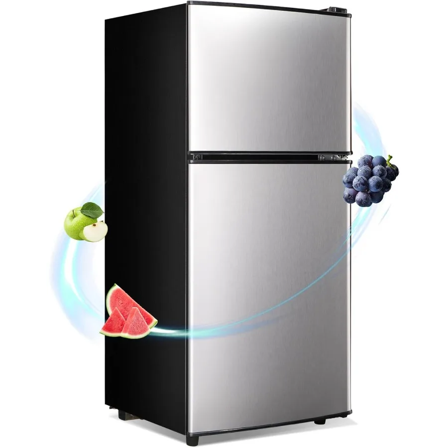 

Compact 3.6 Cu.Ft Small Refrigerator with Freezer for Apartment Office Kitchen Dorm Use Double Door Design Silver Finish 7 Adju