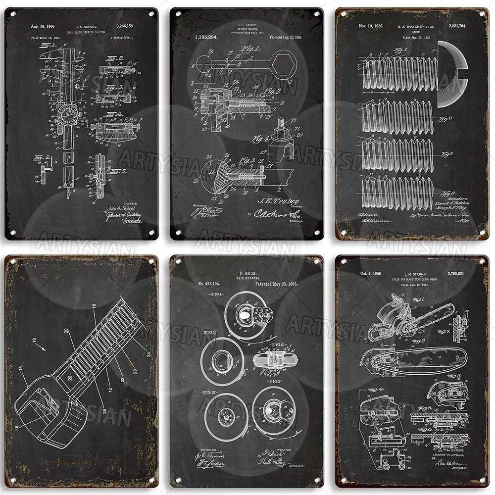 Garage Workshop Tool Patent Metal Sign Ratchet Wrench Phillips Screwdriver Vernier Caliper Spring Knife Retro Mechanical Plaque