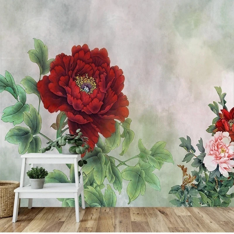 Customized Chinese Classical Red Peony Wall Mural, Elegant Flower Leaf Pattern Wallpaper for Living Room and Bedroom Background