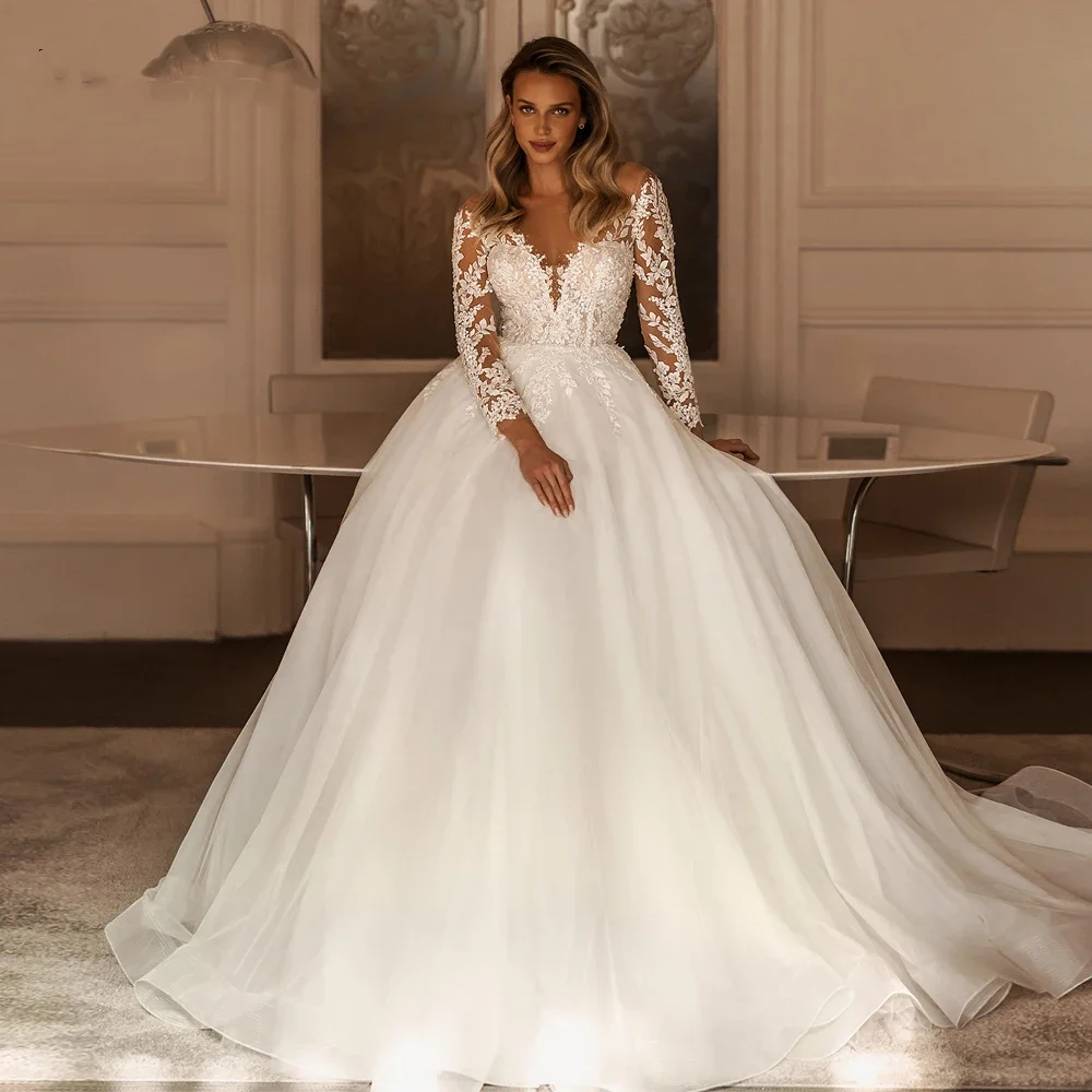 Элегантные свадебные платья с круглым вырезом по индивидуальному заказу, женские аппликации, плиссированные длинные рукава, трапециевидное тюлевое платье De Mariee, Vestidos De Novia