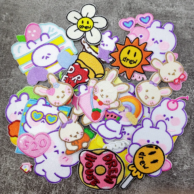 Rabbit Flower Pizza Lollipop Stick On Patches Embroidery Appliques Clothes Stickers Badges Parche Sun Heart