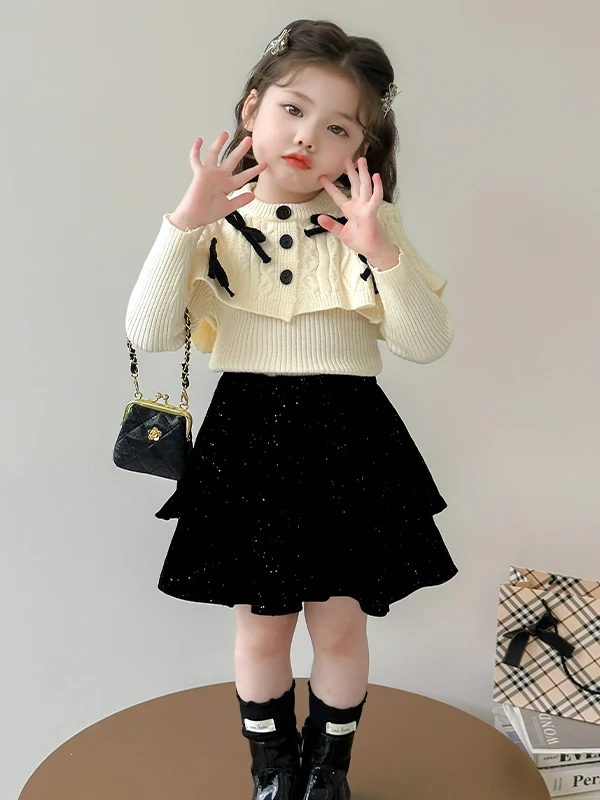 Suéter de malha com laço doce para meninas saia Bla conjunto de duas peças outono 2025 novo conjunto Faion infantil Sle respirável L...