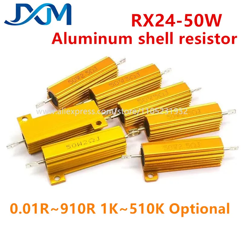 2pcs/lot RX24 50W Aluminum Power Metal Shell Case Wirewound Resistor 0.01R~300K 1 6 8 10 20 200 330 470 500 1K 10K Ohm Resistanc