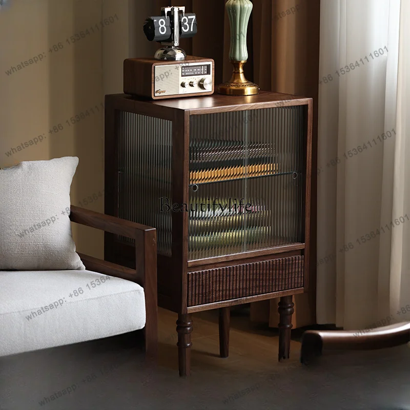 LD Glass North American Black Walnut Storage Cabinet Living Room Solid Wood Sofa TV Cabinet Retro